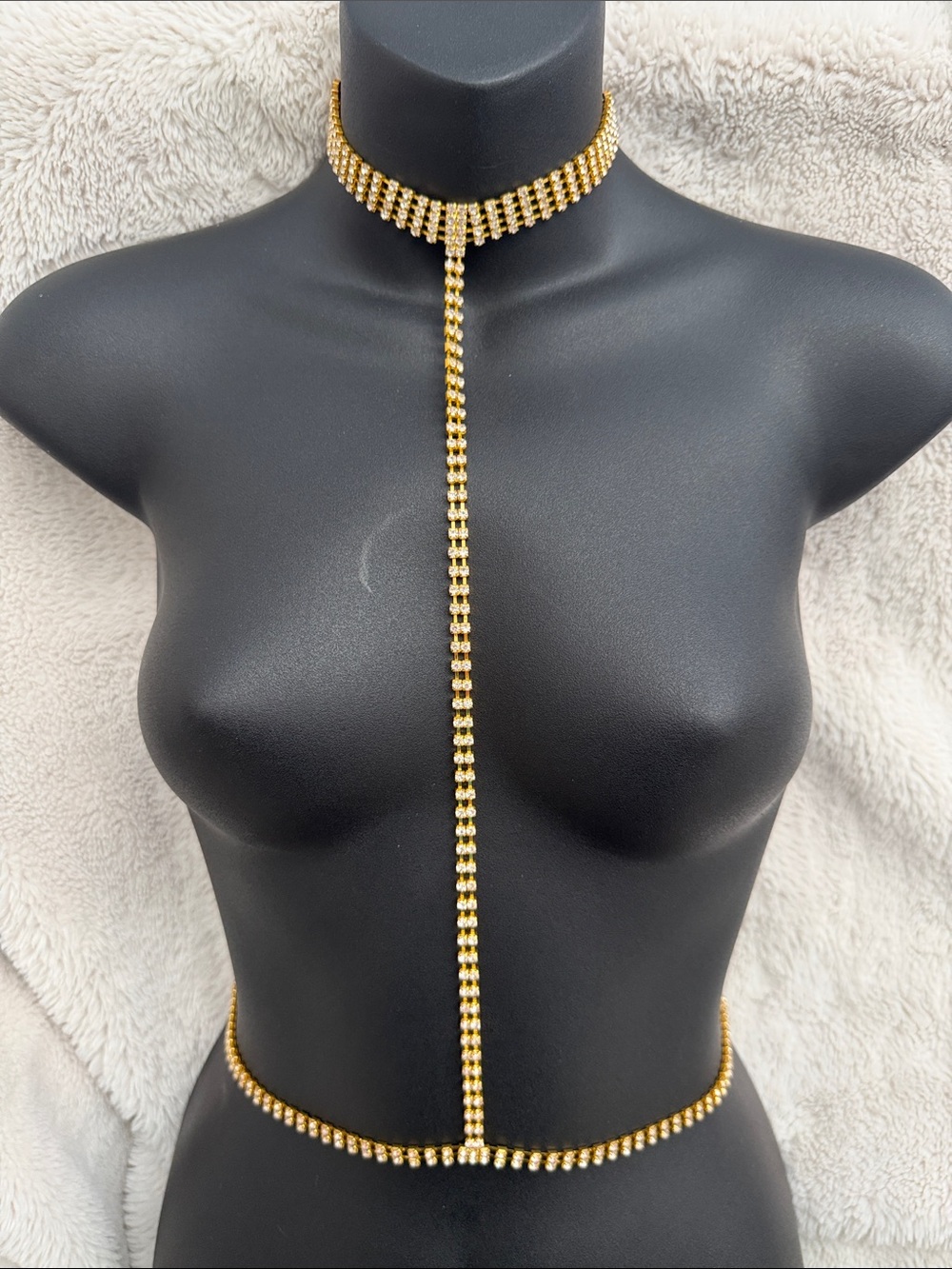 Gold Rhinestone Choker to Waist Body Chain